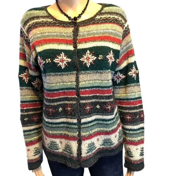 VTG David Brooks Wool Silk Women S Sweater Cardigan Fair Isle Knit Winter Theme - Picture 1 of 8